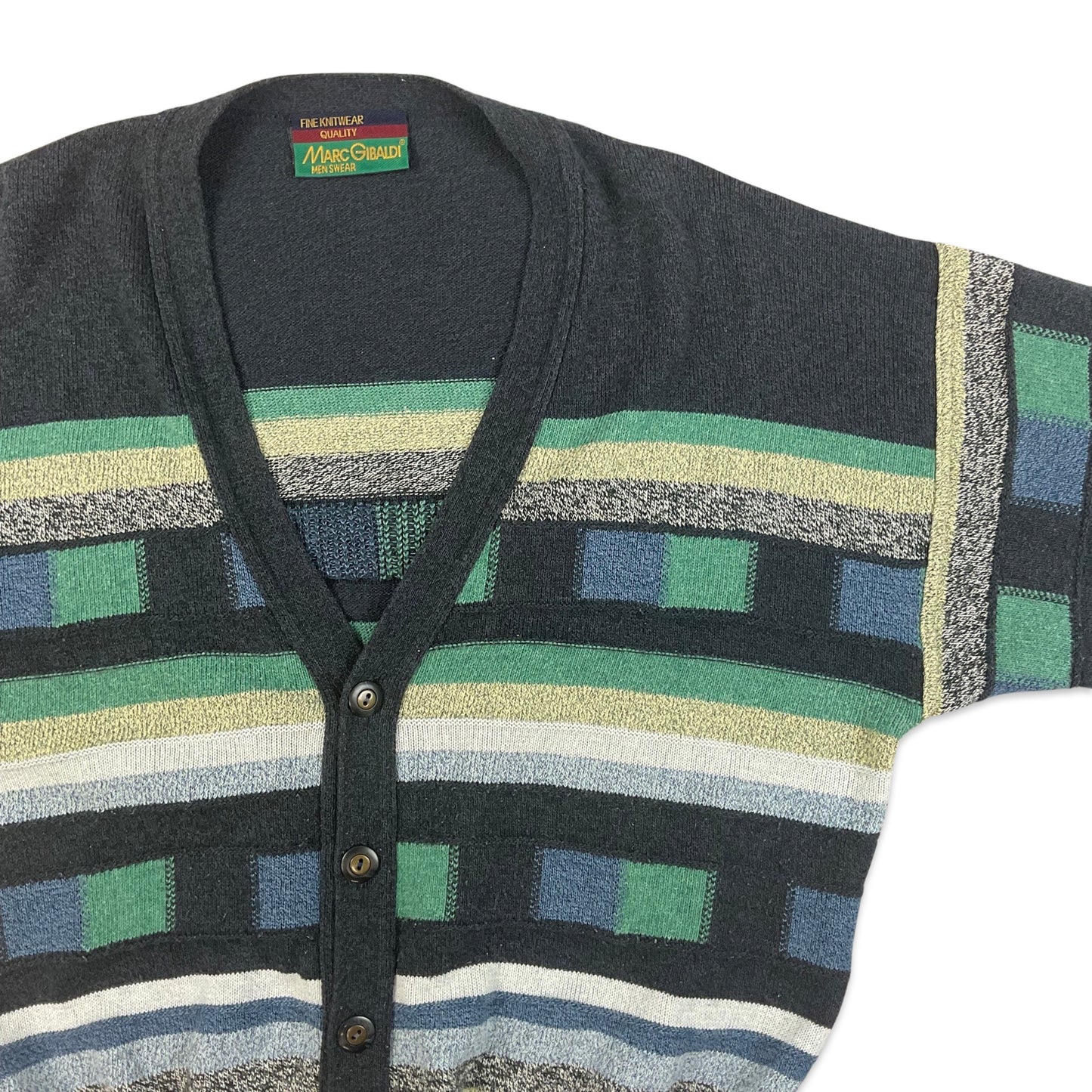 Vintage 80s Navy Green Yellow Geometric Pattern Knit Cardigan L XL