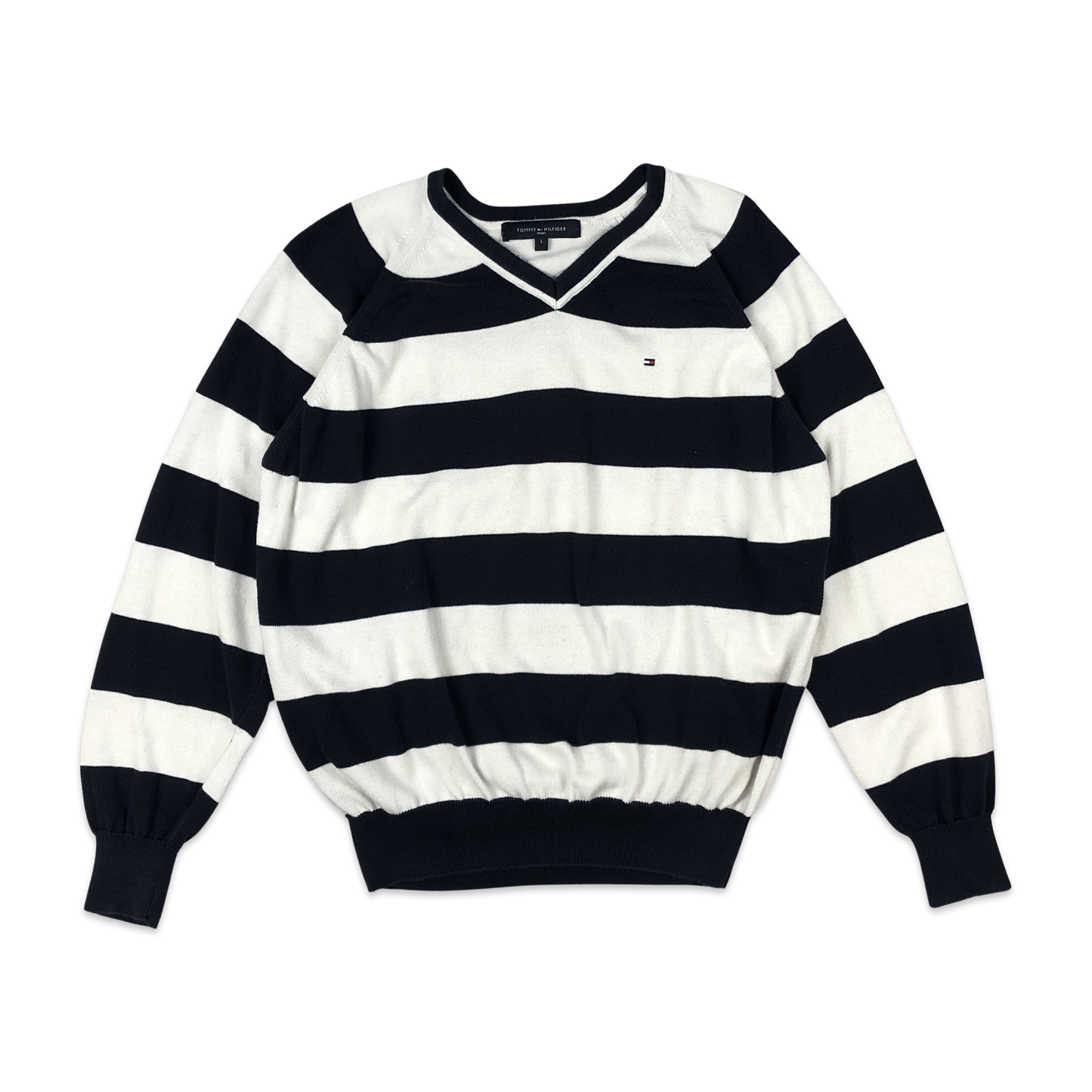 Tommy Hilfiger Navy and White Striped V Neck Knit Jumper L XL