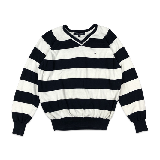 Tommy Hilfiger Navy and White Striped V Neck Knit Jumper L XL