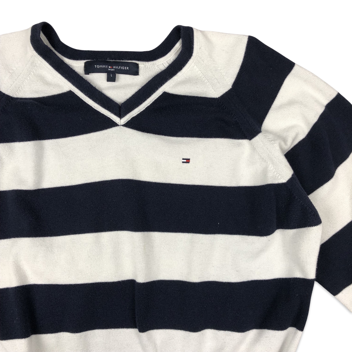 Tommy Hilfiger Navy and White Striped V Neck Knit Jumper L XL