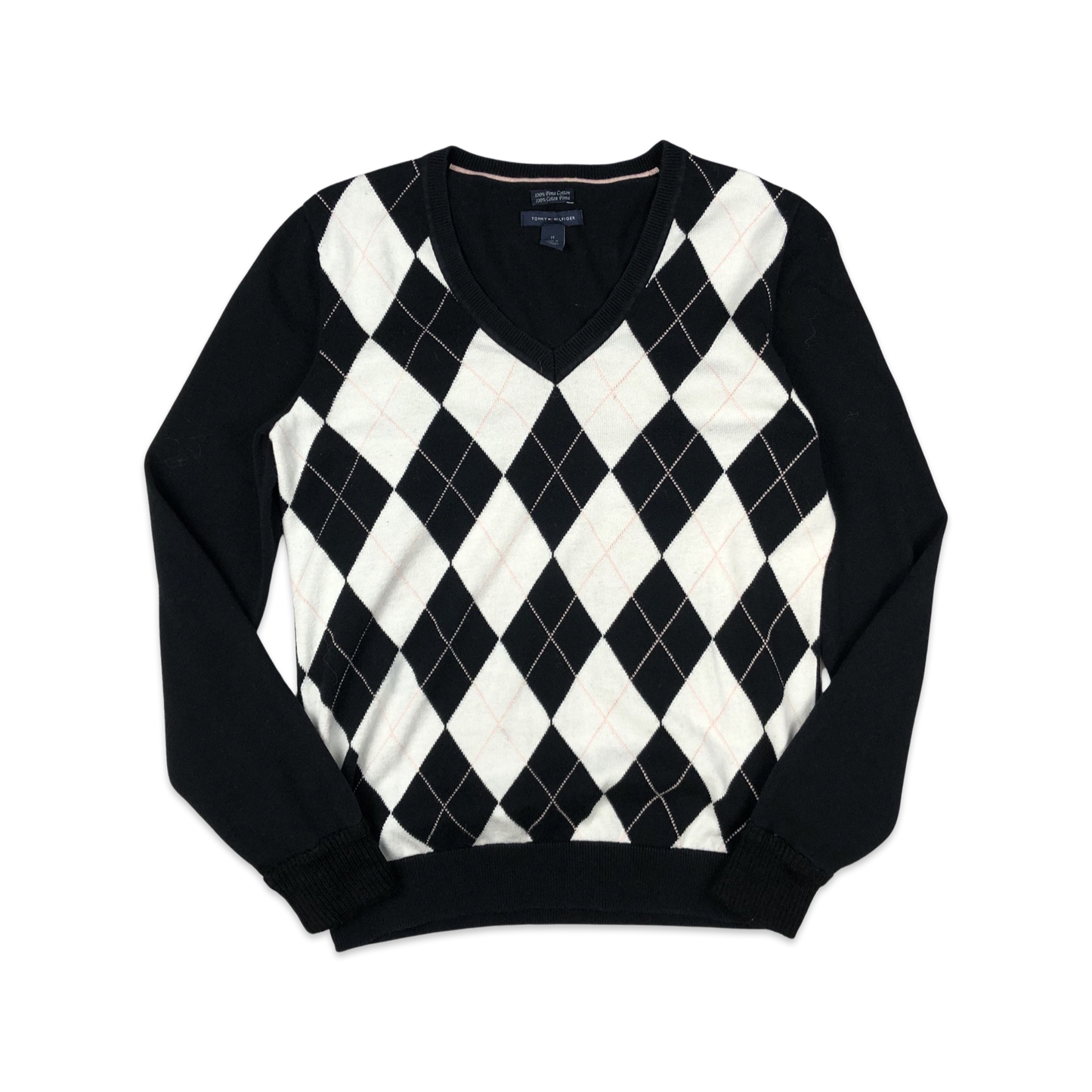 Tommy Hilfiger Argyle Knit Jumper Black White Pink 10 12