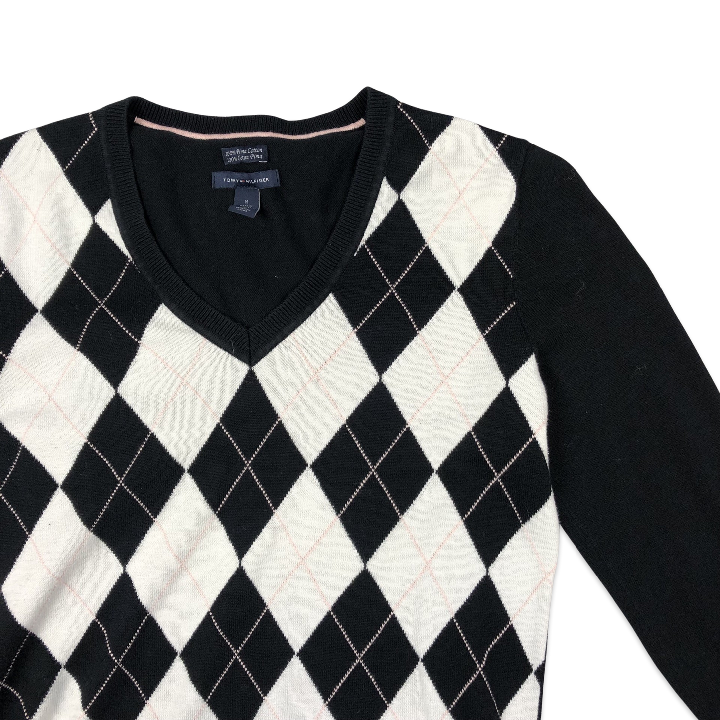 Tommy Hilfiger Argyle Knit Jumper Black White Pink 10 12