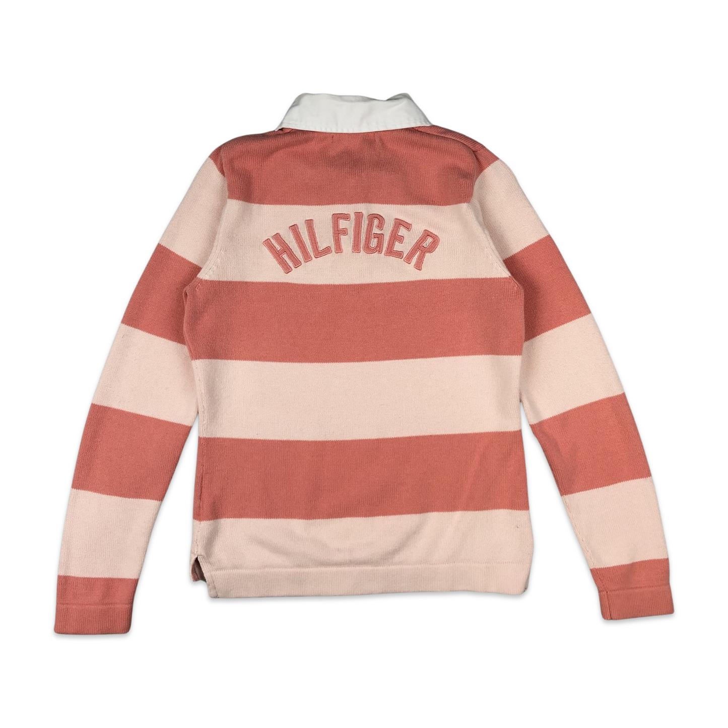 Tommy Hilfiger Rugby Shirt Pink Long Sleeve Striped Spell Out 10 12