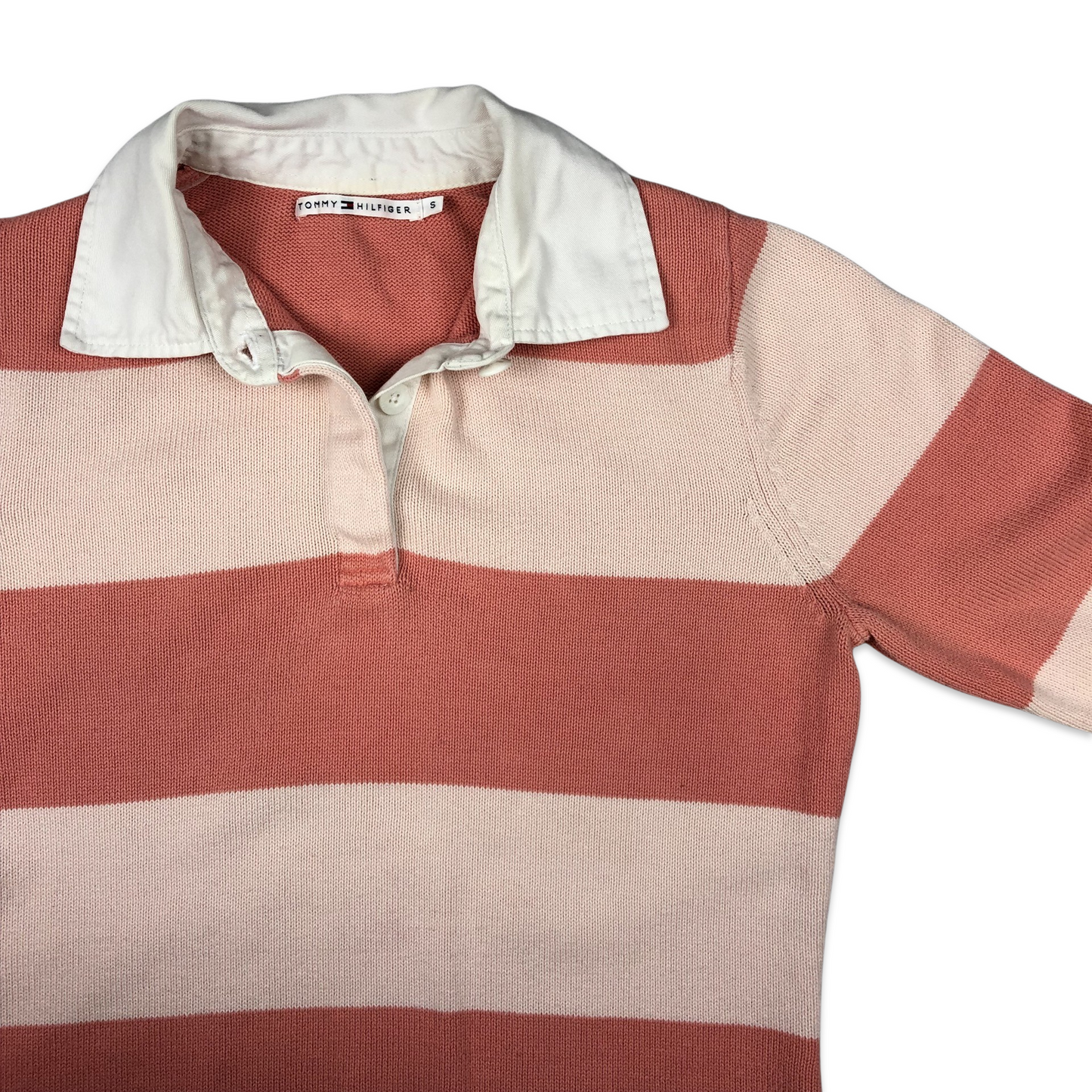 Tommy Hilfiger Rugby Shirt Pink Long Sleeve Striped Spell Out 10 12