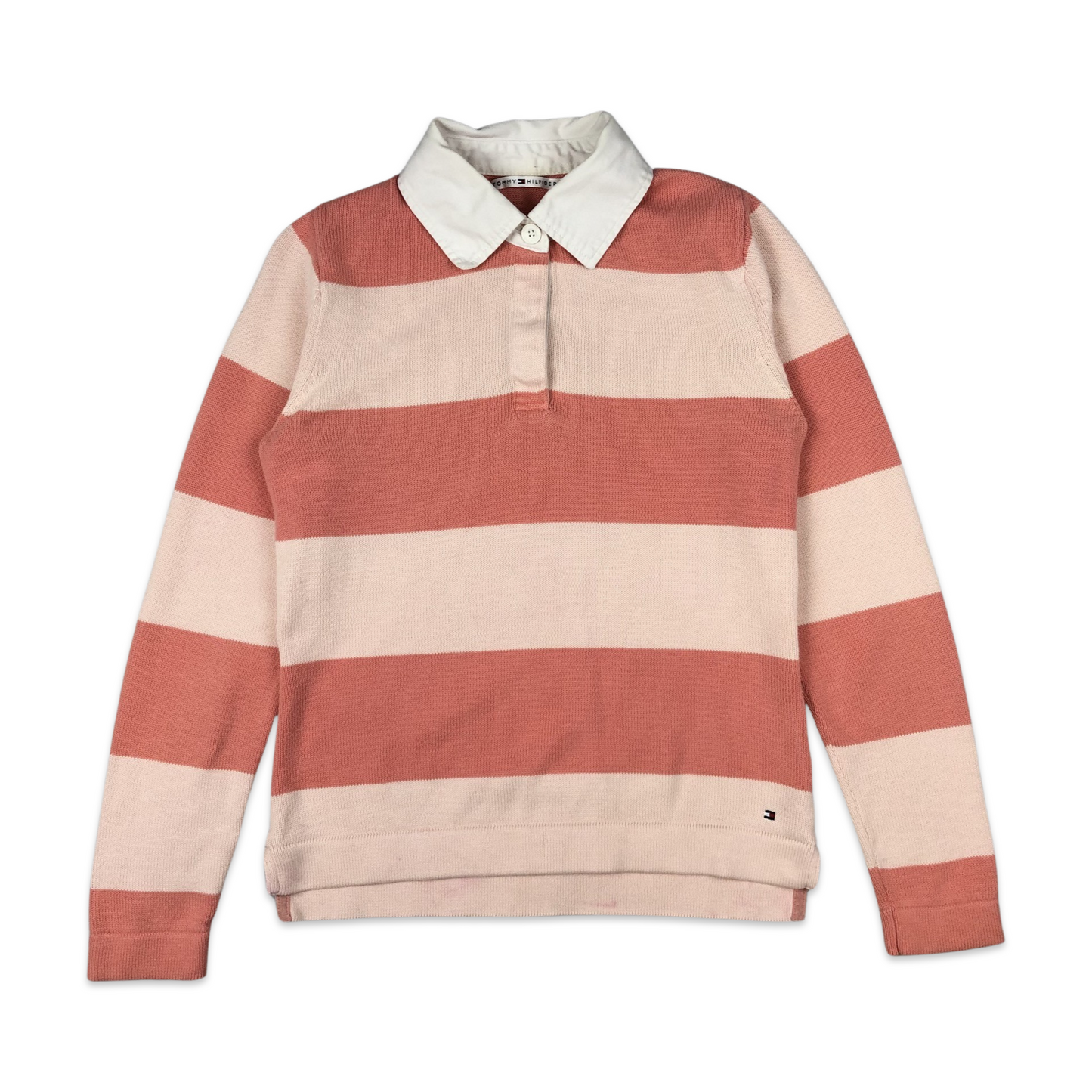 Tommy Hilfiger Rugby Shirt Pink Long Sleeve Striped Spell Out 10 12