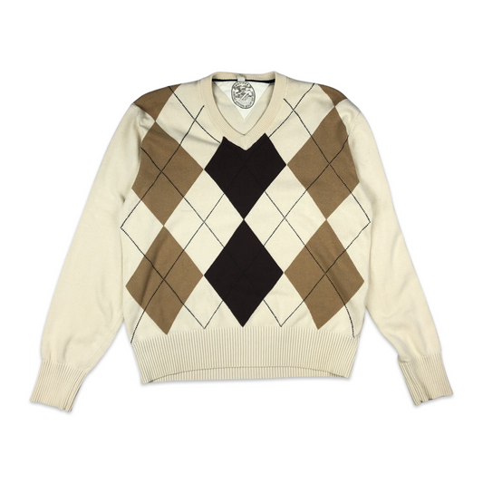 Tommy Hilfiger Cream Brown and Black Argyle Print Knit Jumper M L