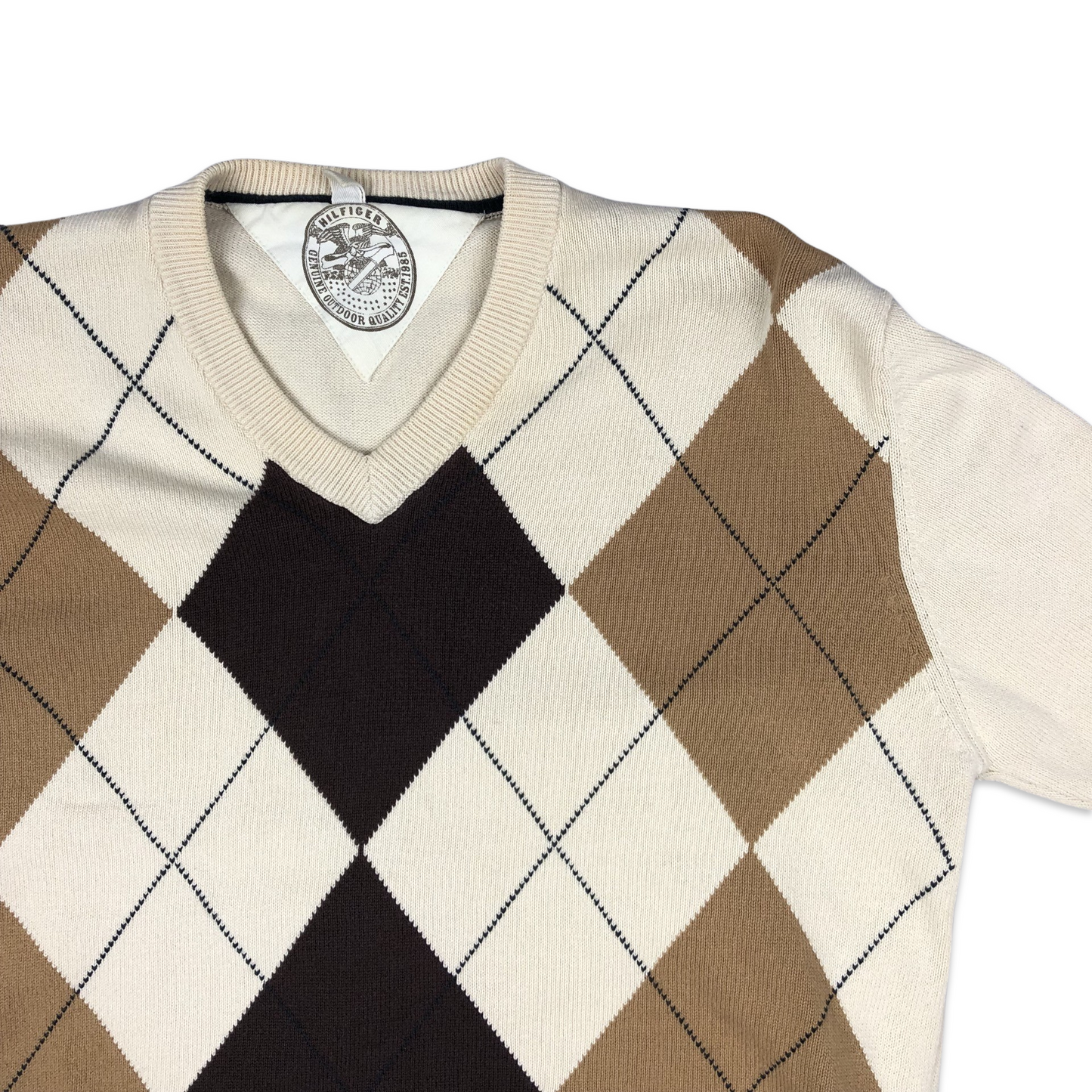 Tommy Hilfiger Cream Brown and Black Argyle Print Knit Jumper M L