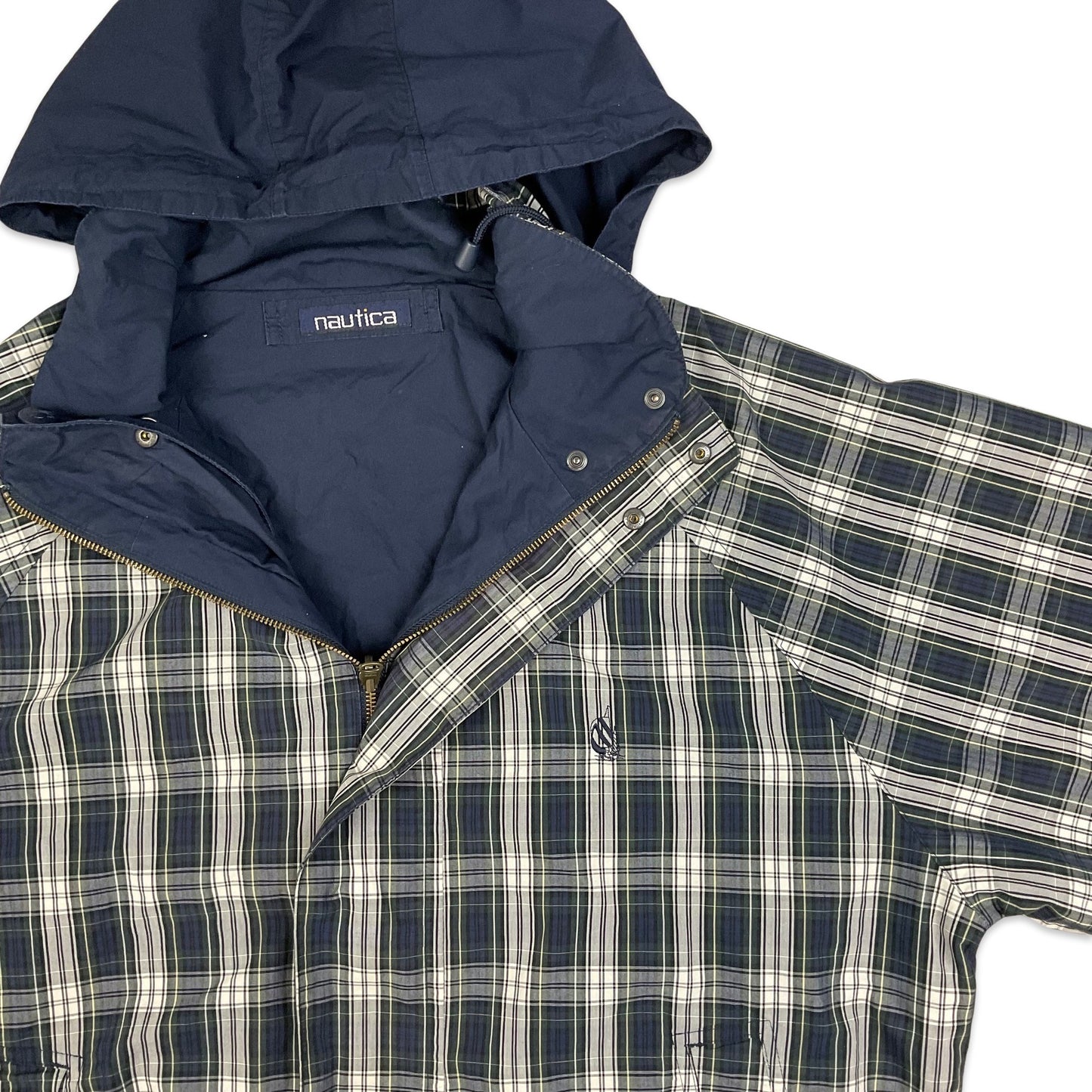 Vintage Nautica Plaid Navy Hooded Reversible Windbreaker XL 2XL 3XL