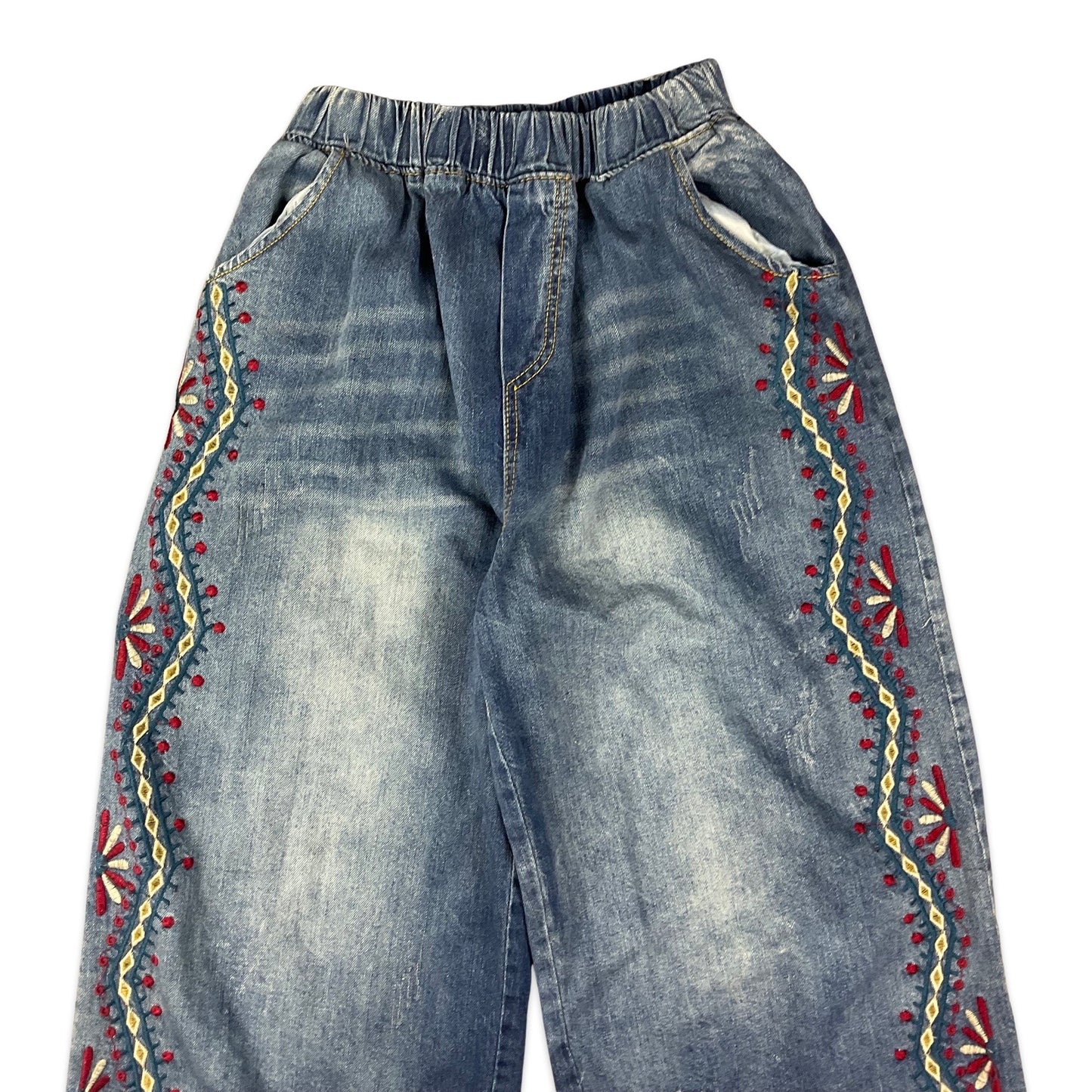 Vintage 80s Boho Embroidered Blue Wide Leg Jeans 8 10 12 14