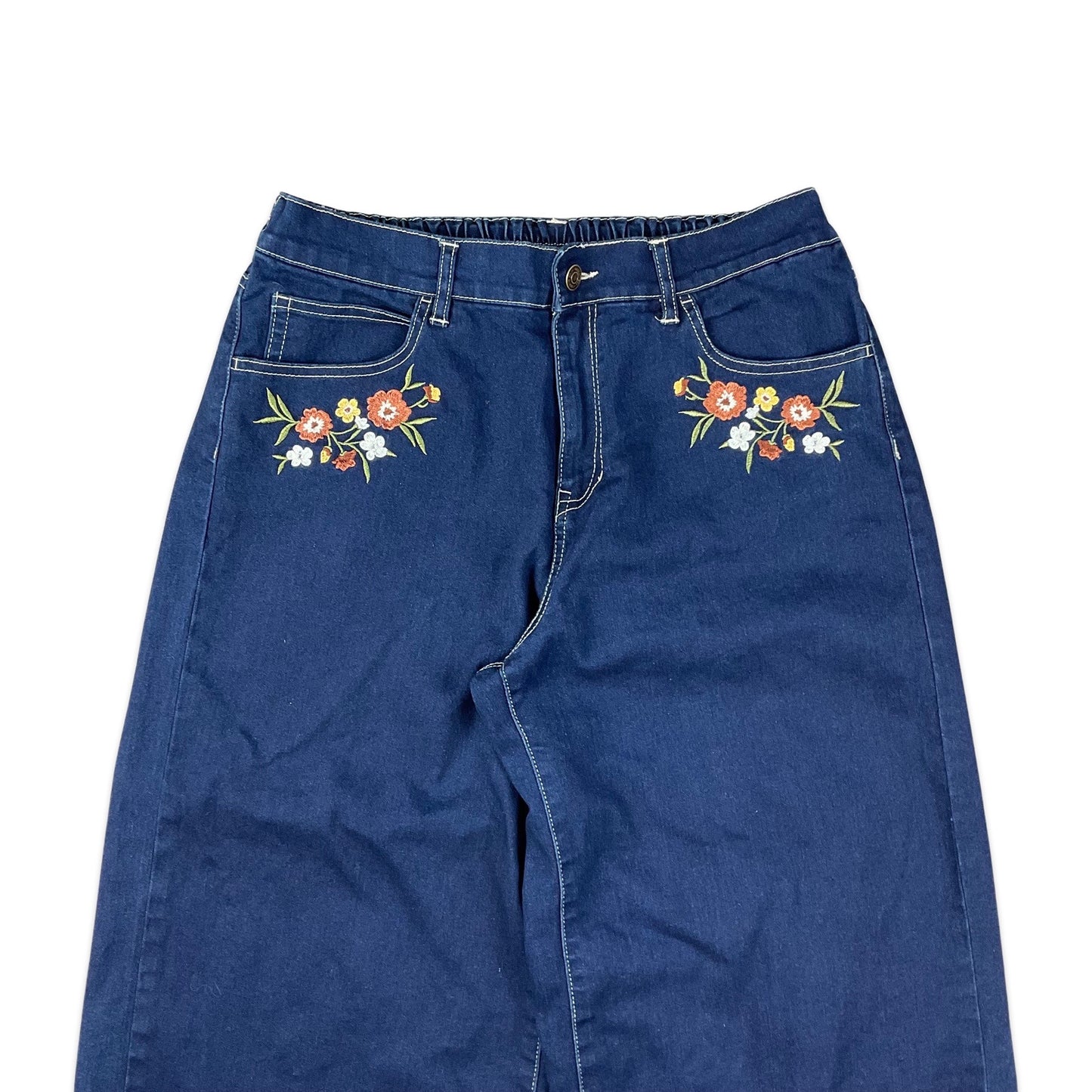 Vintage 80s Floral Embroidered Blue Wide Leg Jeans 12 14 16