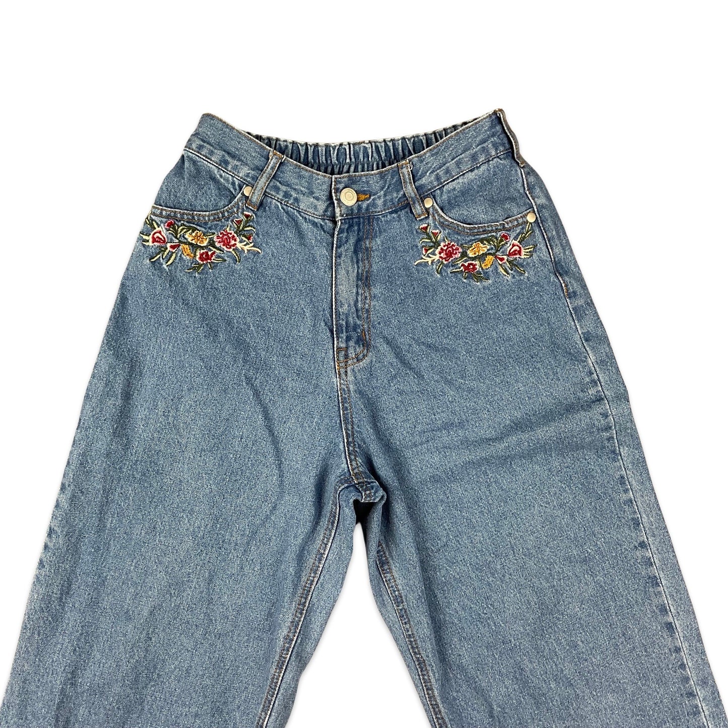 Vintage 80s Floral Embroidered Blue Wide Leg Jeans 6 8 10 12