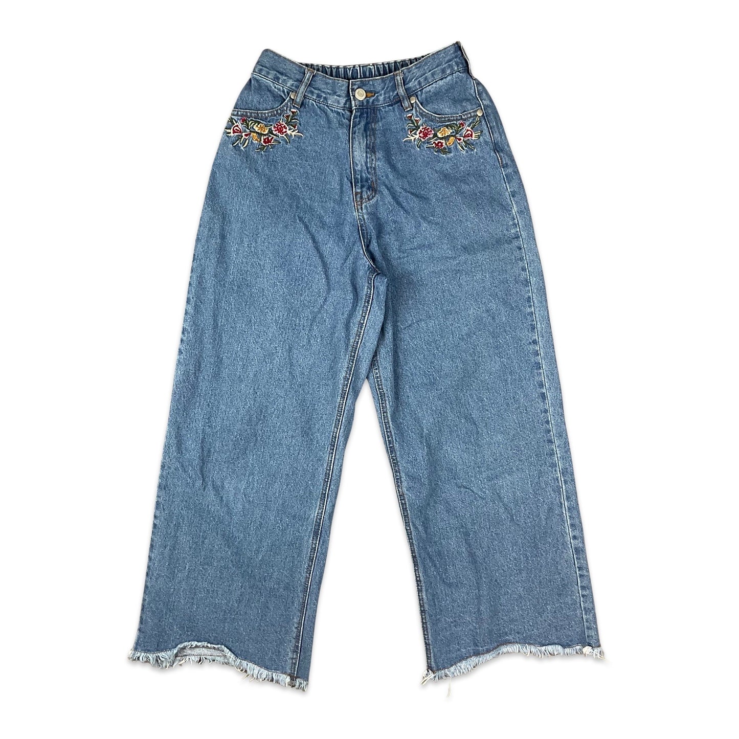 Vintage 80s Floral Embroidered Blue Wide Leg Jeans 6 8 10 12