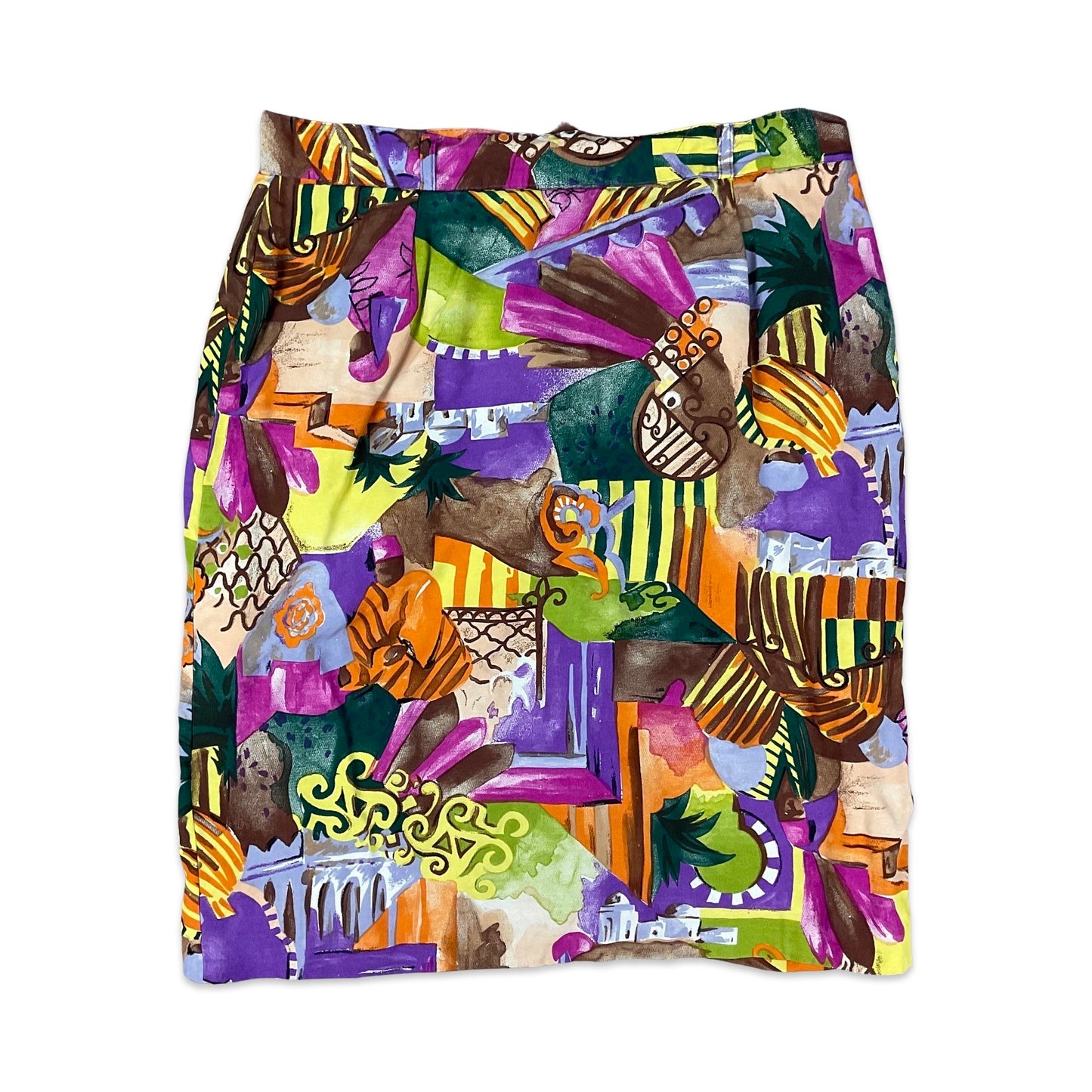 Vintage Purple Green & Orange Abstract Print Pencil Skirt 14