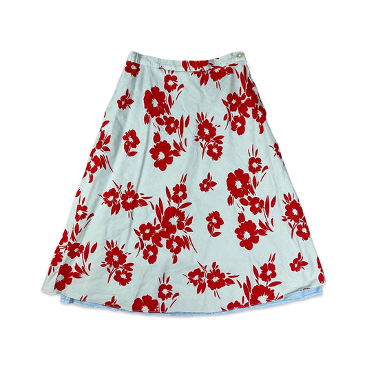 Vintage Grey & Red Floral Print A-line Skirt 4 6