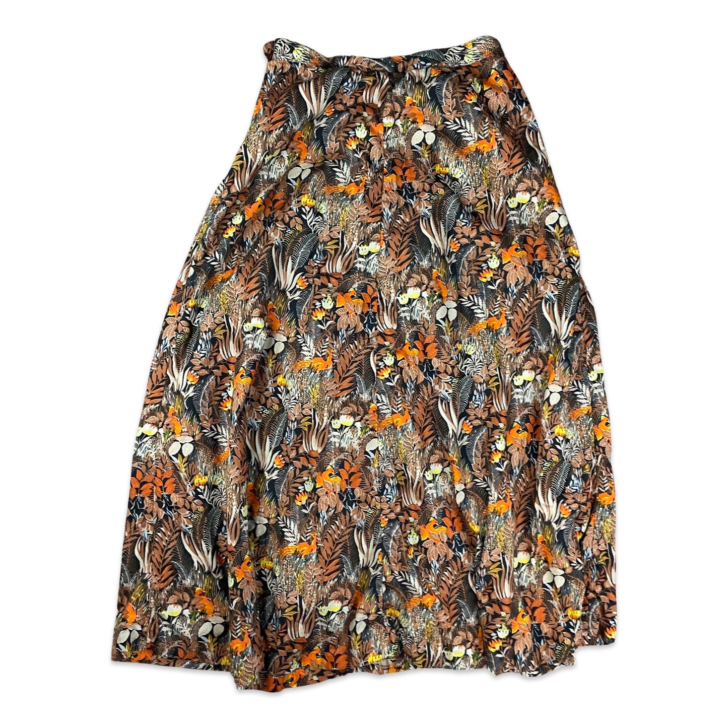 Vintage Black Brown & Orange Botanical Print Midi Skirt 12 14