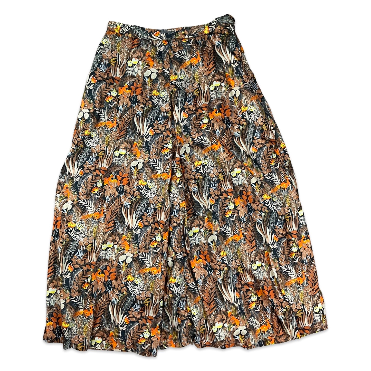Vintage Black Brown & Orange Botanical Print Midi Skirt 12 14