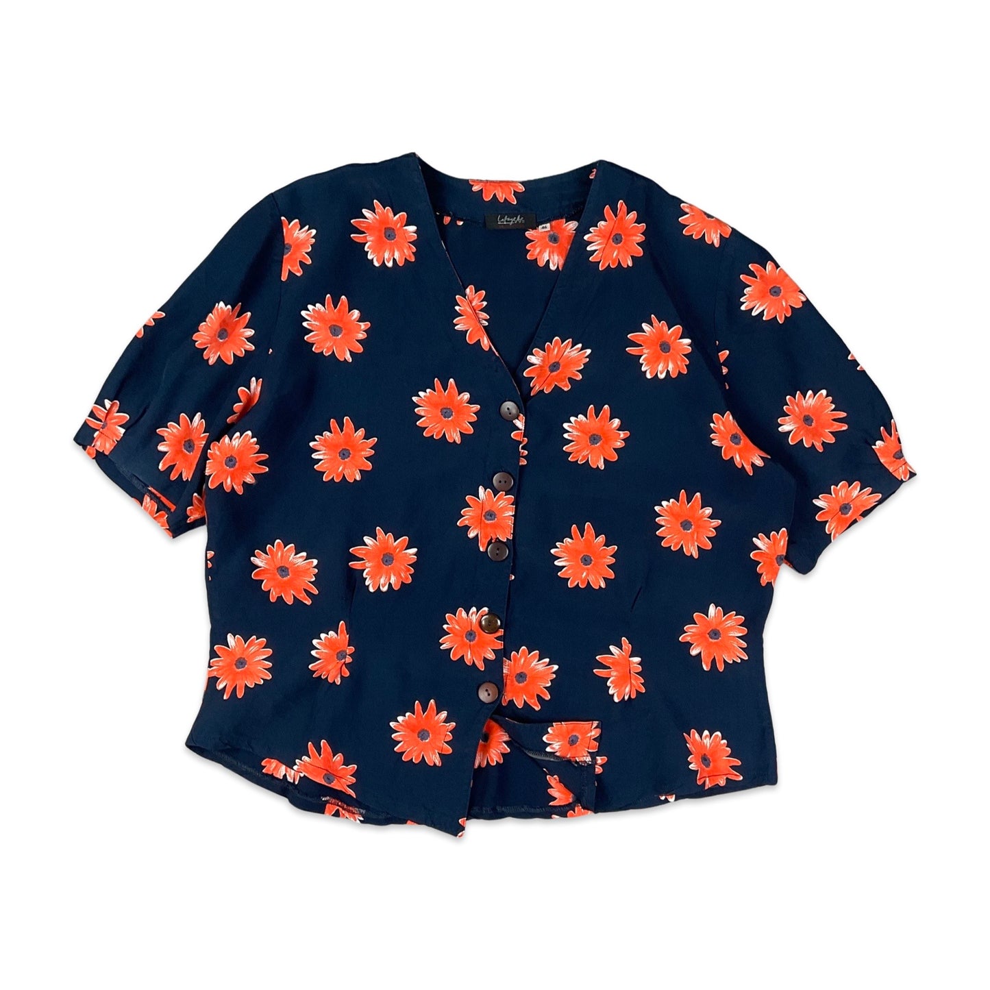 Vintage 90s Y2K Navy & Orange Floral Print Blouse 14 16