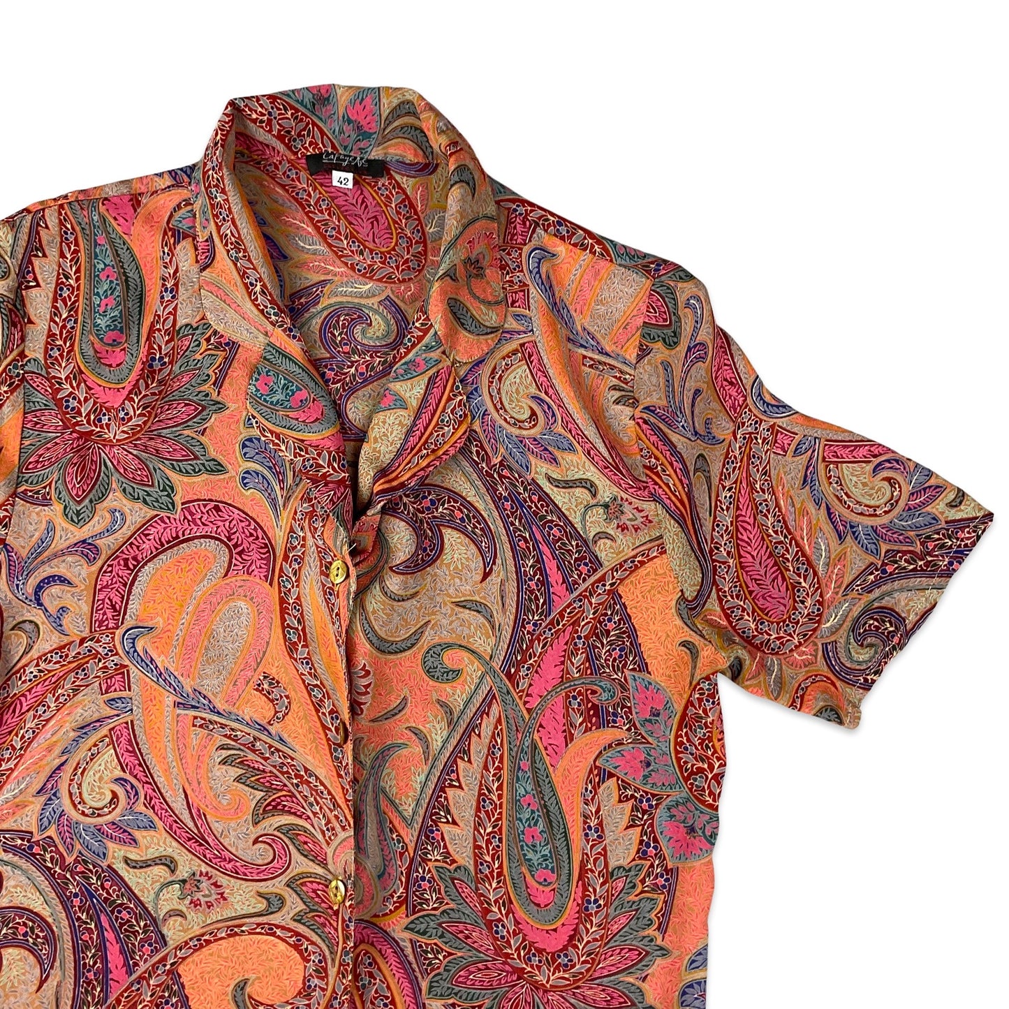 Vintage 90s Y2K Pink and Orange Paisley Print Button-up Blouse 10 12