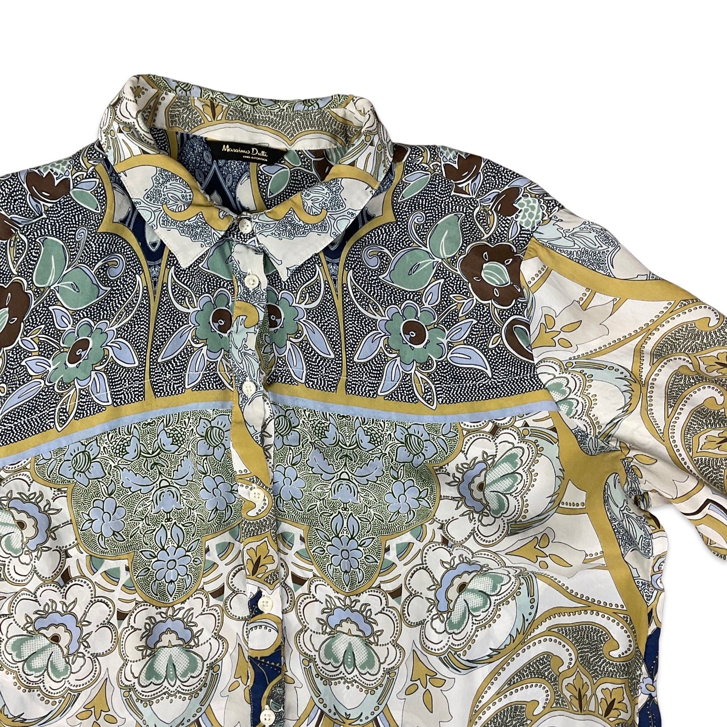 Vintage 90s Y2K Abstract Floral Print White, Teal, Blue, and Beige Shirt Blouse 14 16