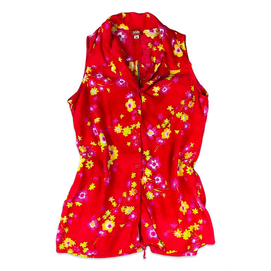 Vintage Y2K Red & Yellow Floral Print Sleeveless Blouse 8 10