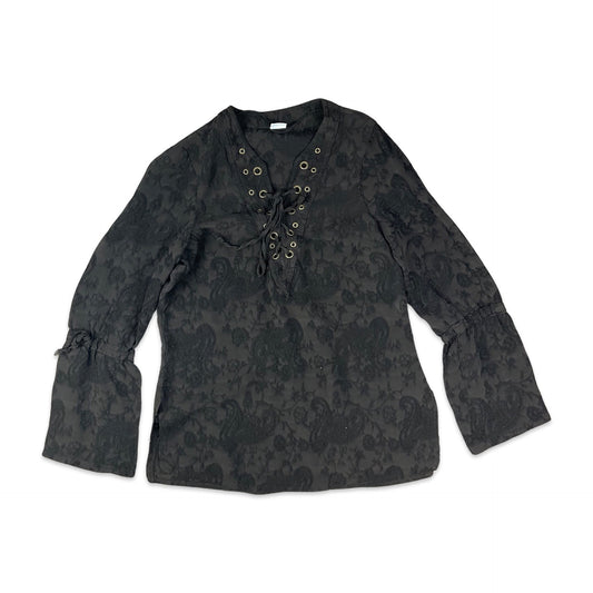 Vintage Black Floral Lace-up Tunic Blouse 8 10