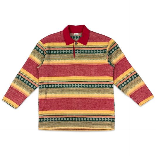 Vintage Benetton Red Yellow Aztec Geometric Print Polo Shirt S M