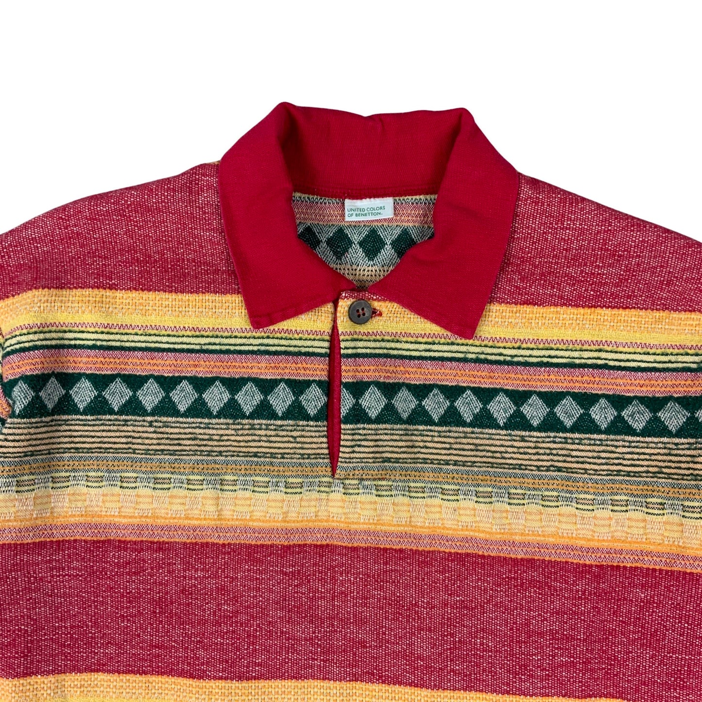 Vintage Benetton Red Yellow Aztec Geometric Print Polo Shirt S M