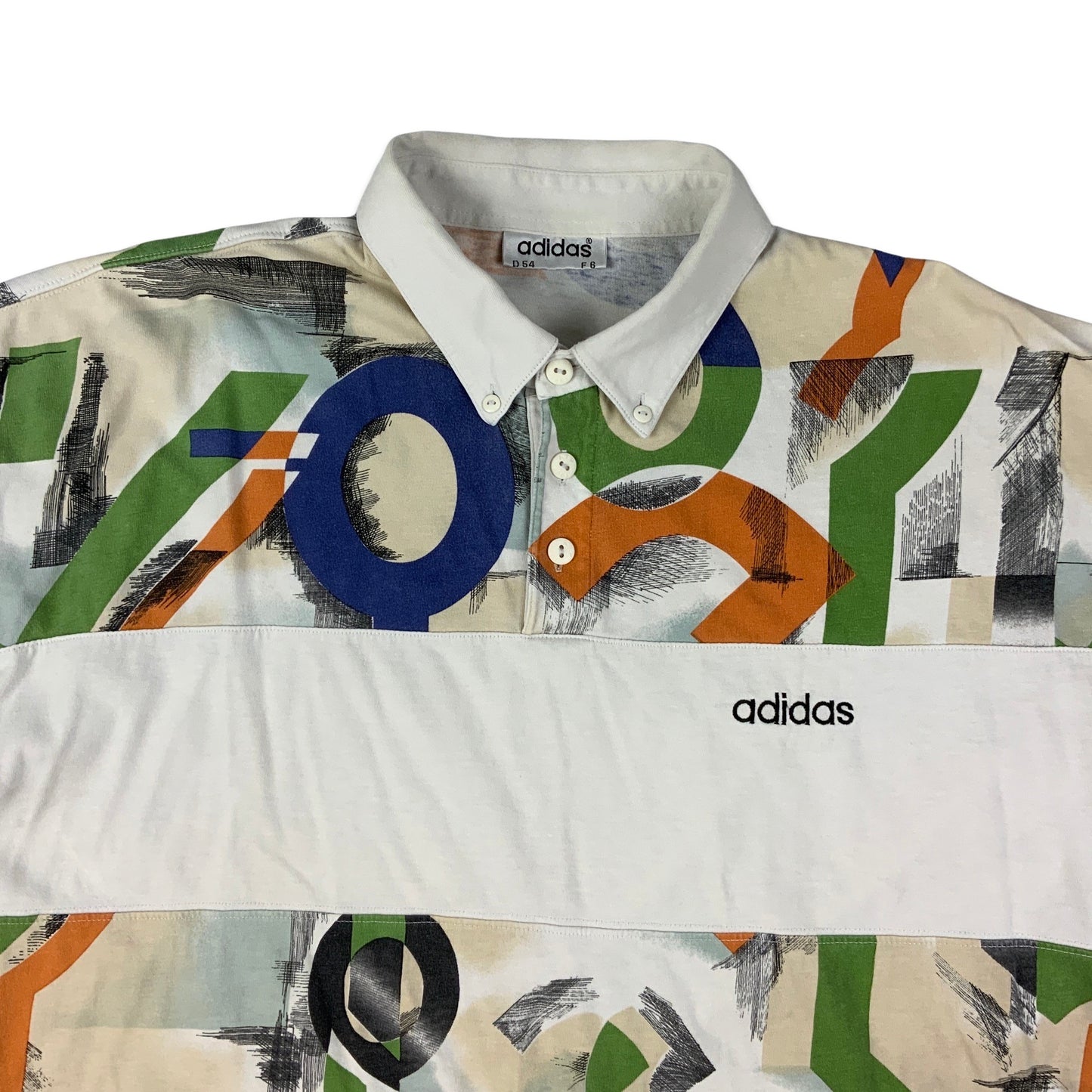 Vintage Adidas Sports White Geo Multicolour Print Polo Shirt M L
