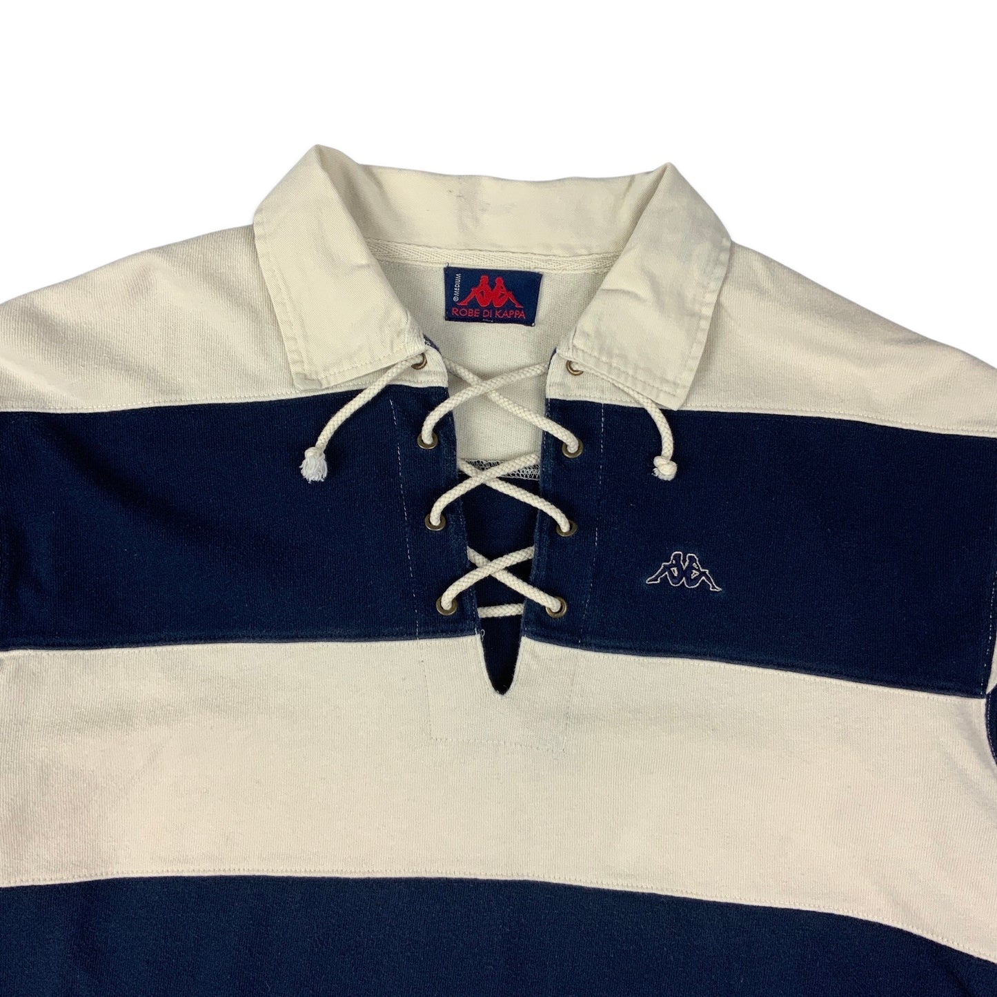 Vintage Kappa White & Navy Rugby Shirt with Lace Up Collar M L