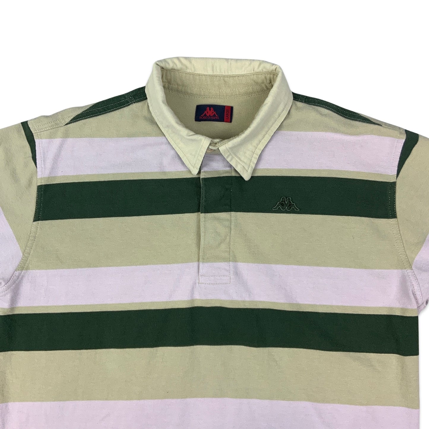 Vintage 90s Kappa Beige Green & Pink Striped Rugby Shirt M L