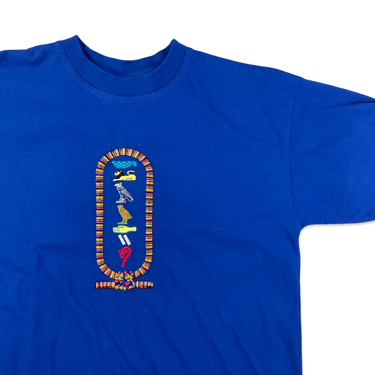 Vintage Egyptian Hieroglyphic Embroidered Blue Tee T-Shirt S M