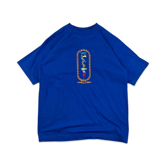 Vintage Egyptian Hieroglyphic Embroidered Blue Tee T-Shirt S M