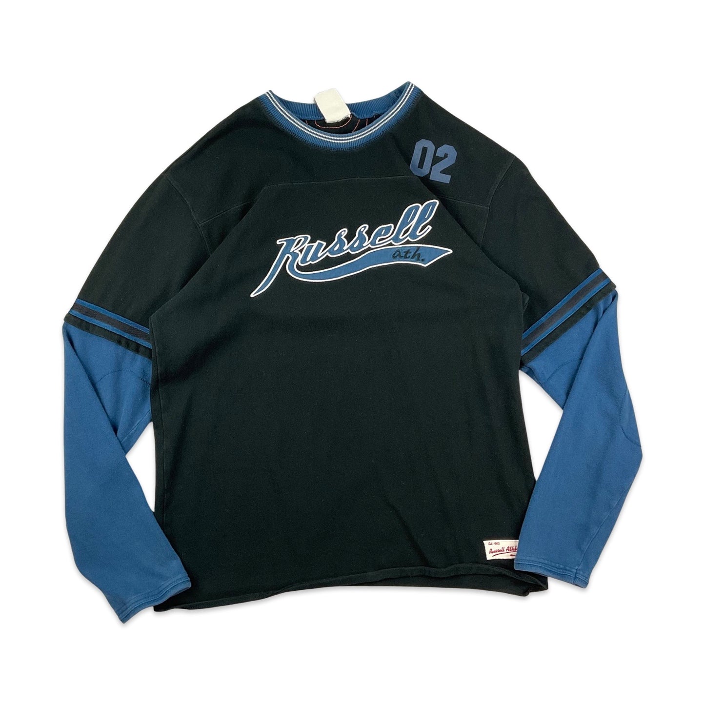 Vintage Russell Athletic Black & Blue Long Sleeved Spell Out Tee T-Shirt S M