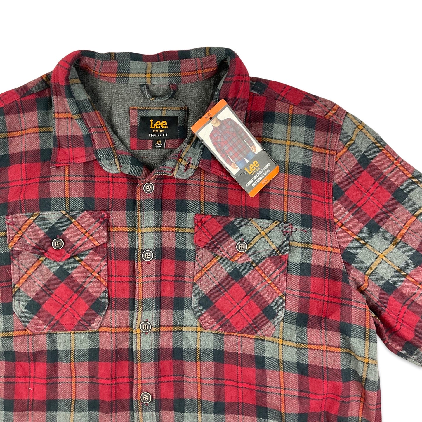 Deadstock Lee Thermal Lined Red & Grey Plaid Flannel Over Shirt XL XXL