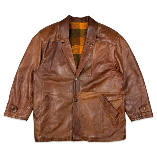 90s Vintage Tan Leather Coat XL