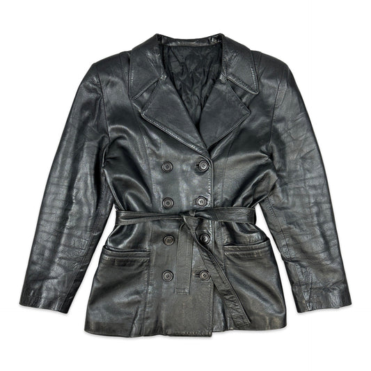 Vintage Black Belted Leather Coat 12
