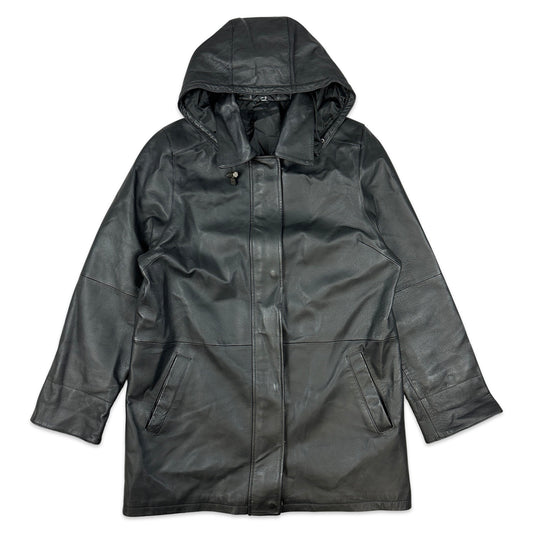 Preloved Black Leather Hooded Coat 16