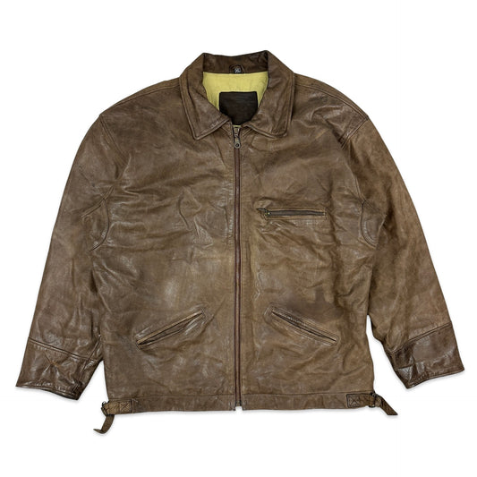 90s Vintage Brown Leather Harrington Jacket 3XL