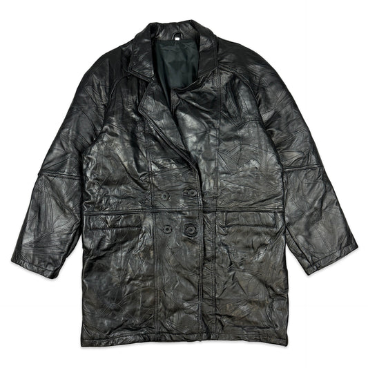 90s Vintage Black Patchwork Leather Coat XL