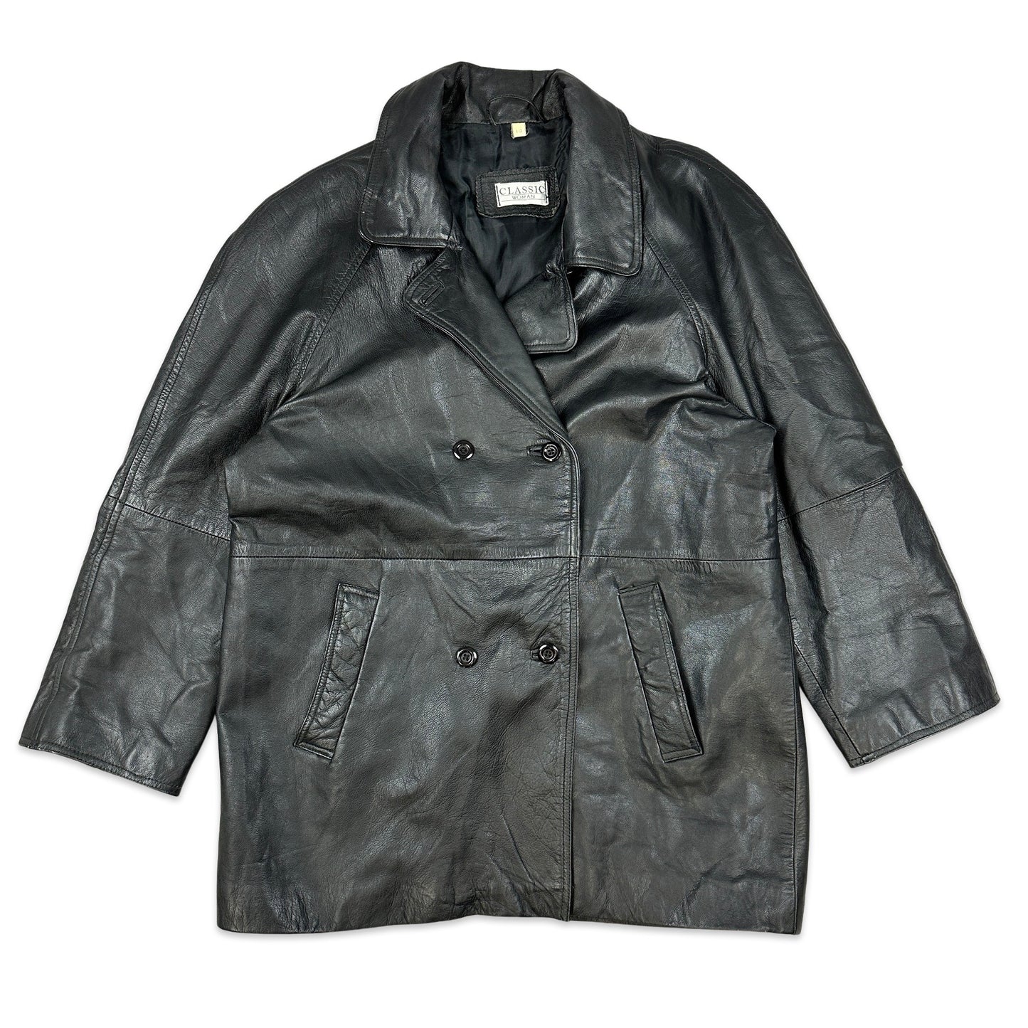 90s Vintage Black Leather Coat 14