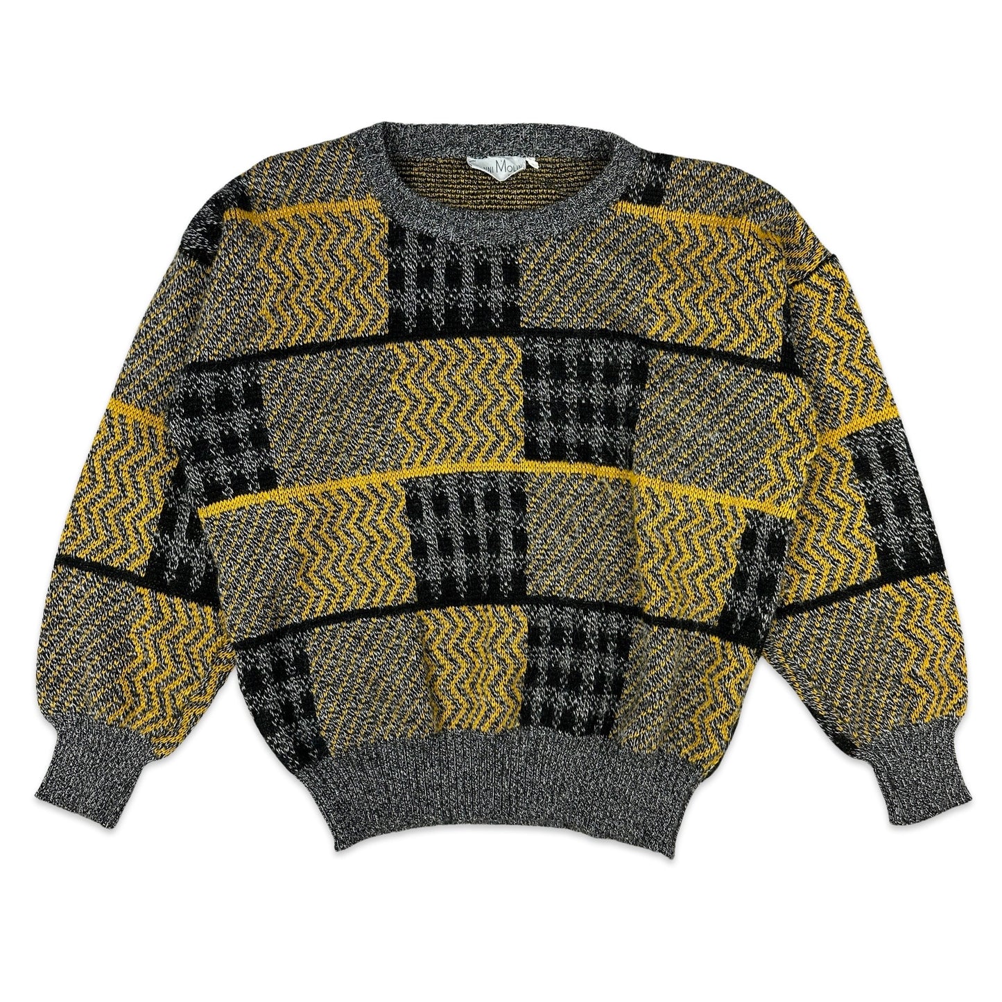 Vintage 80s Grey & Yellow Patterned Knit Jumper 12