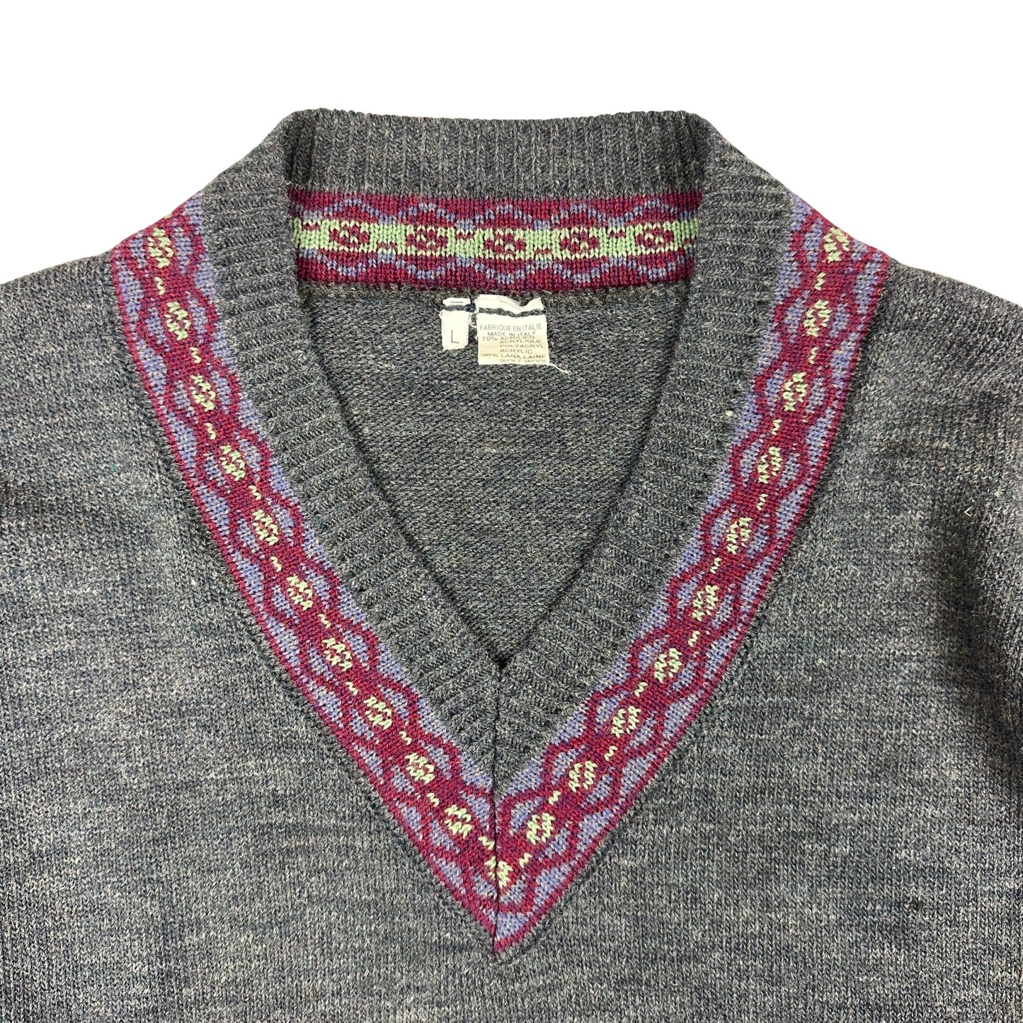 Vintage V-Neck Grey Patterned Knit Jumper XL
