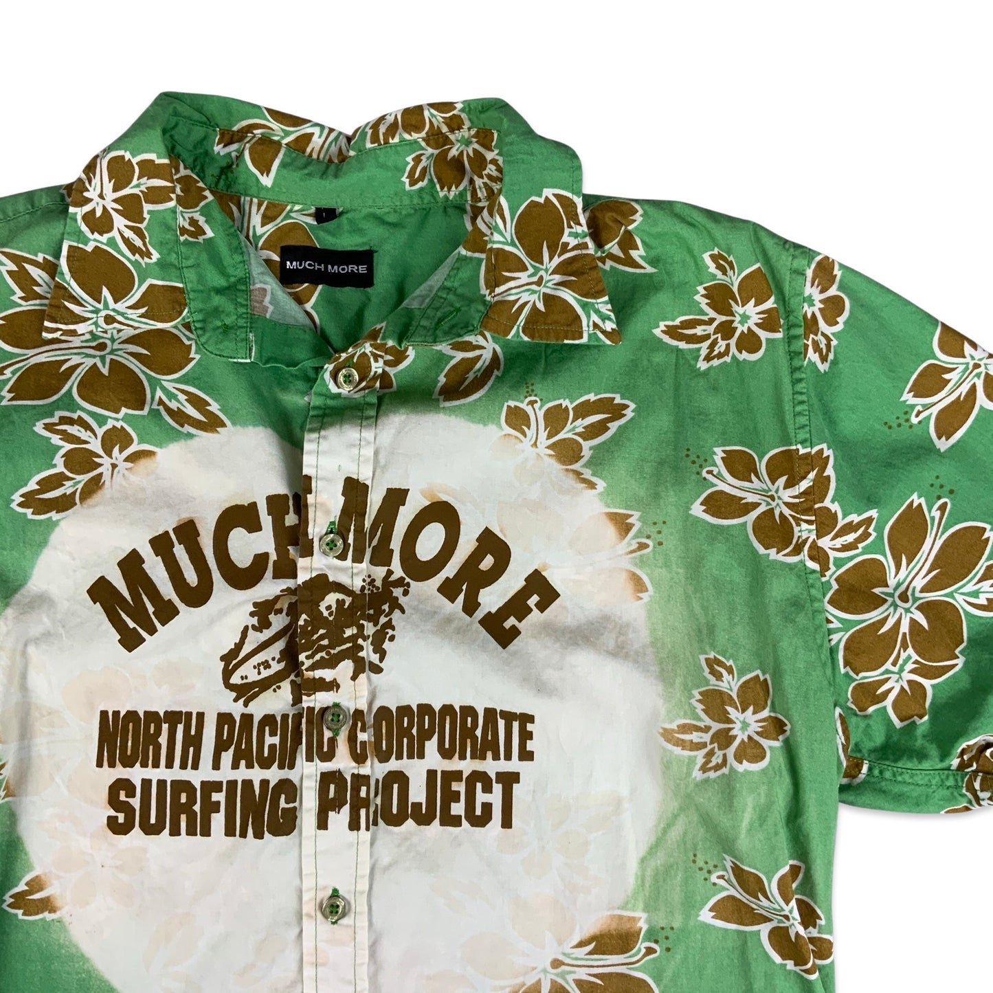 Vintage Green White & Brown Floral Print Surf Shirt M L