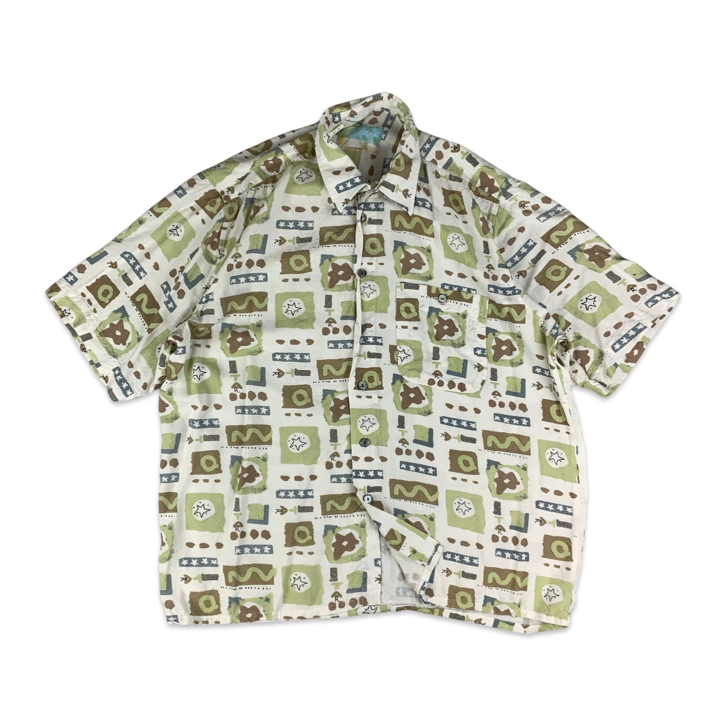 Vintage White Green & Brown Abstract Pattern Shirt L XL