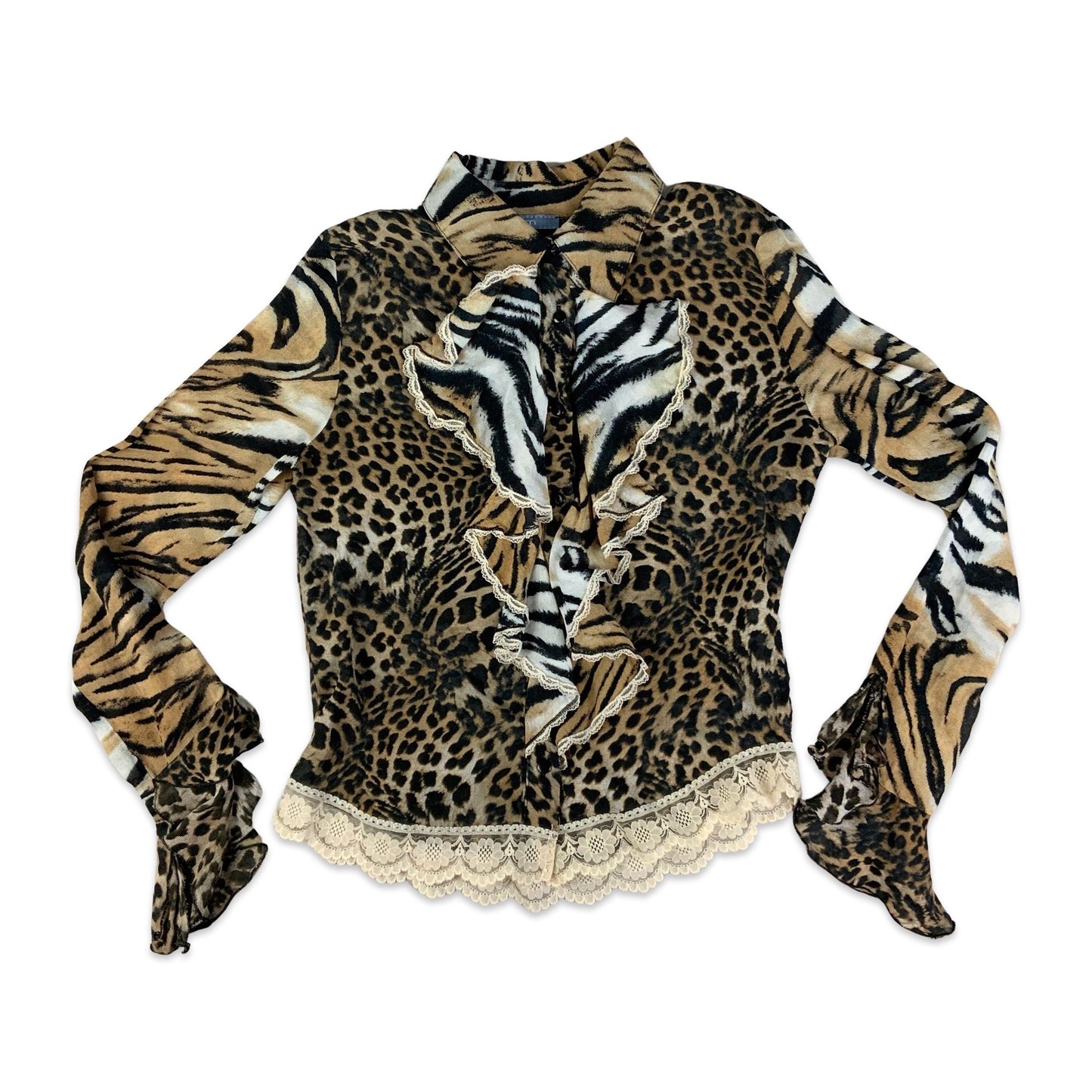 Vintage Y2K Orange & Black Frilly Animal Print Blouse 12 14