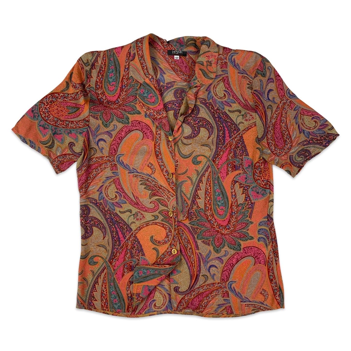 Vintage 90s Y2K Pink and Orange Paisley Print Button-up Blouse 10 12