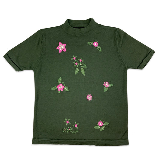 00's Green Mock Neck Floral Short Sleeve Jumper 8 10
