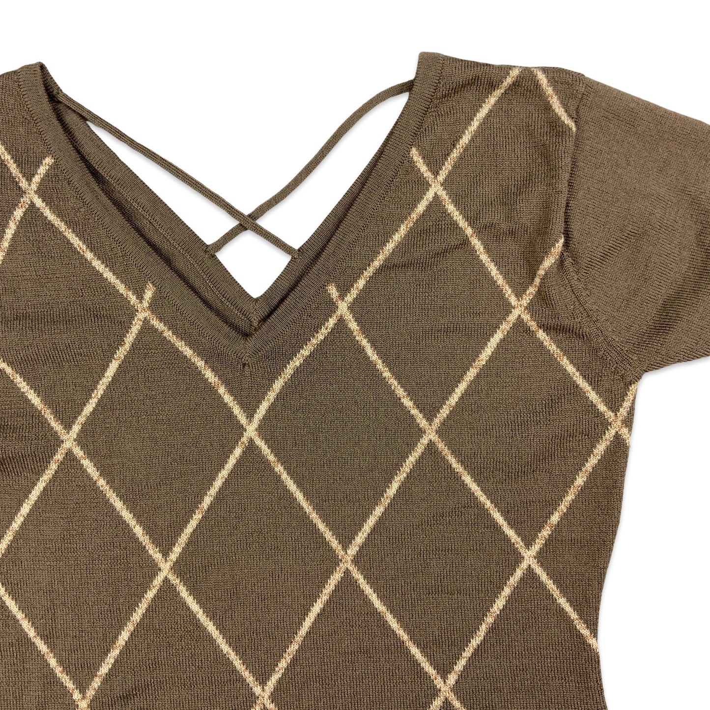 Vintage Brown & Beige Diamond Stripe Short Sleeve Knit Jumper 4 6 8