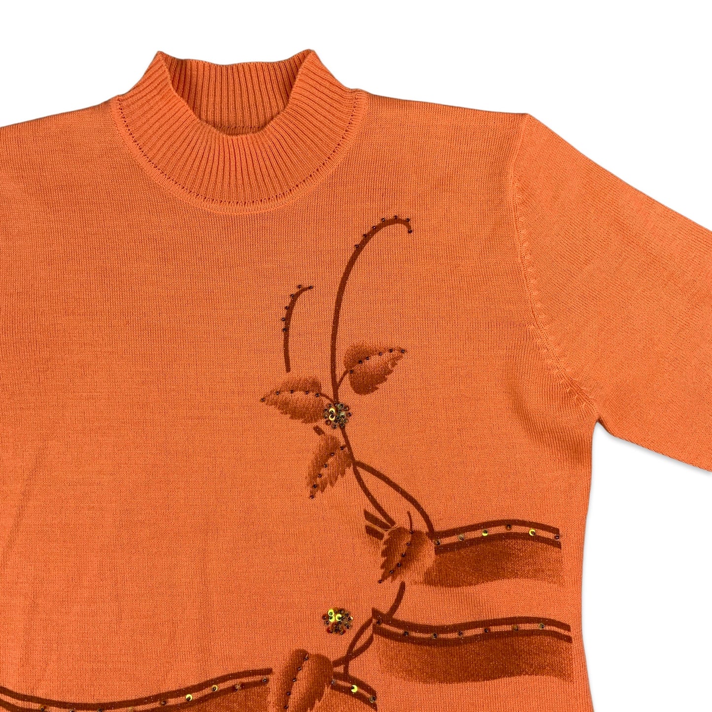 Vintage Orange & Brown Botanical Short Sleeve Jumper 12 14