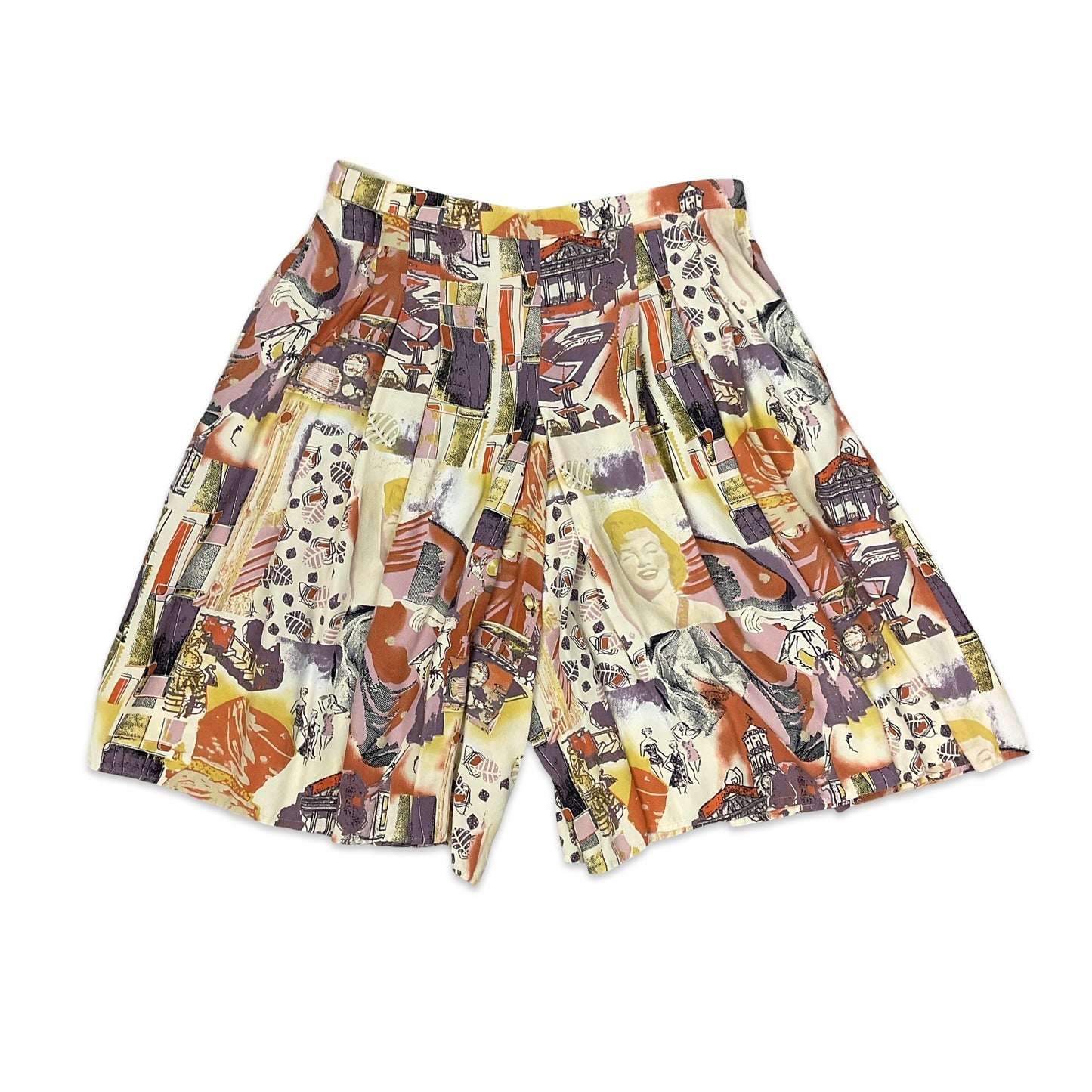Vintage Multicolour Abstract Print Wide Leg Pleated Shorts 16